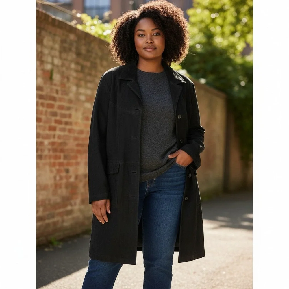Jessica Holbrook Suede Leather Jacket 2X Black Excellent Plus Size Button‎ Coat